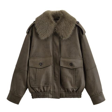 Giacca Aviatore Da Donna In Ecopelle Con Collo In Pelliccia Sintetica Bomber Vintage Con Cerniera Streetwear