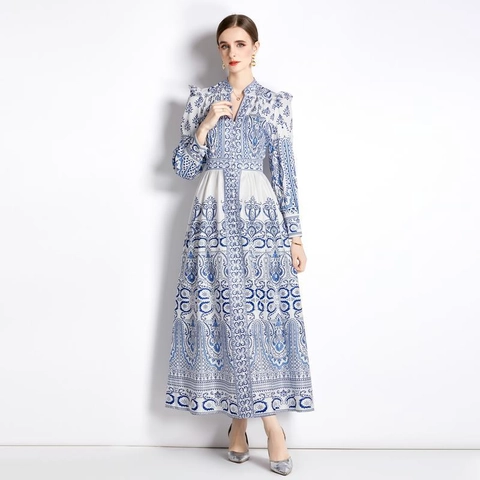 Elegant Paisley Print Maxi Dress V-Neck Long Lantern Sleeve High Waist A-Line Retro Palace Style For Women
