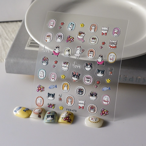 Cute 3D Embossed Cat Nail Art Stickers 5D Waterproof Cartoon Flower Design For Kids Women Nail Decoration Manicure Decals