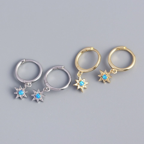 Octagonale Ster Huggie Hoop Oorbellen Met 925 Sterling Zilveren Oorsteker Blauwe Synthetische Opaal Hanger Voor Dames