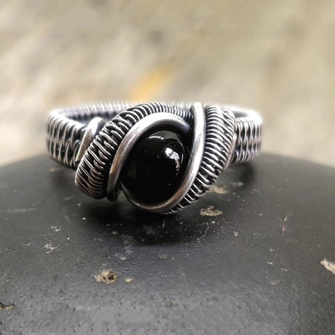 Anillo Da Uomo In Lega Di Filo Intrecciato A Mano Con Pietra Di Agata Nera Stile Punk Gioielli Vintage