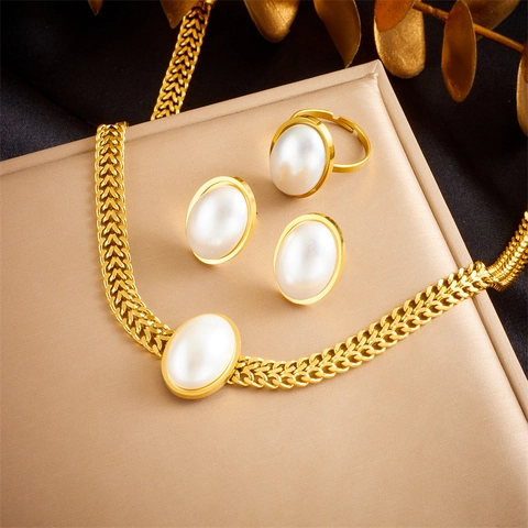 Collana Orecchini E Anello Regolabile Vintage In Acciaio Inossidabile Placcato Oro Perla Artificial Imitazione Ovale Da Donna