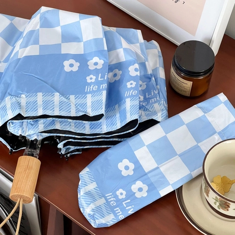 Blau Weiß Karierter Sonnenschirm Regenschirm Holzgriff Manuell Faltbar UV Schutz Floral Tragbar Winddicht