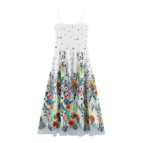 Elegante Abito Lungo In Mesh Ricamato Con Corpino Arricciato E Spalline Vestito Estivo Bianco Dolce Per Donna