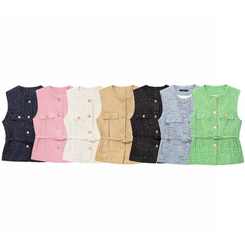 Gilet en Tweed Élégant pour Femmes Avec Ceinture Boutons Métalliques Style Célébrité Col Rond Sans Manches Mode Automne