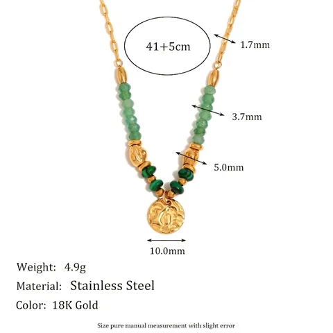 Damen Geometrische Runde Gehammerte Anhänger Halskette Edelstahl 18K Vergoldet Grüne Perlen Retro Elegante Modeschmuck