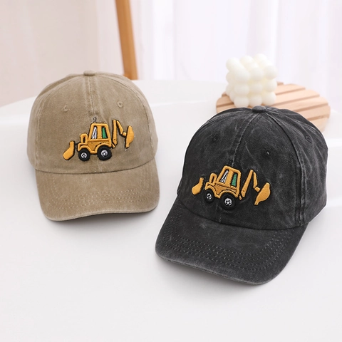 Kids Boys Washed Cotton Excavator Embroidered Baseball Cap Adjustable Outdoor Sun Hat Cartoon Casual Children Birthday Gift