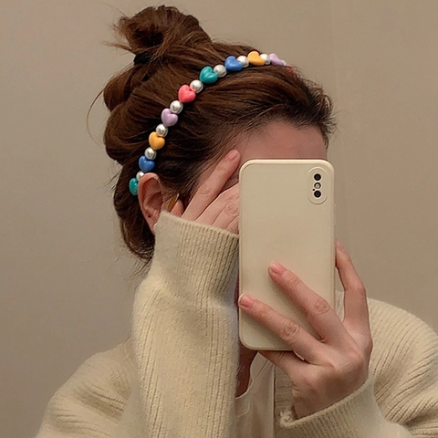 Colorful Heart Bead And Imitation Artificial Pearl Headband For Women Sweet Hair Hoop Non-Slip Elegant Girl Hair Accessories
