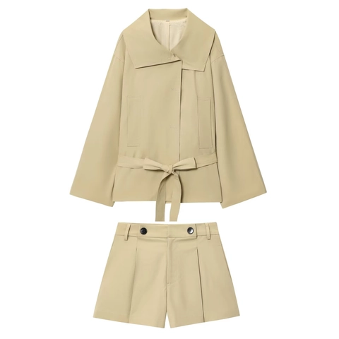 Women Lapel Cropped Trench Coat And Button Pleated Shorts Solid Khaki Belted Jacket Fashion Streetwear Casual Outfit