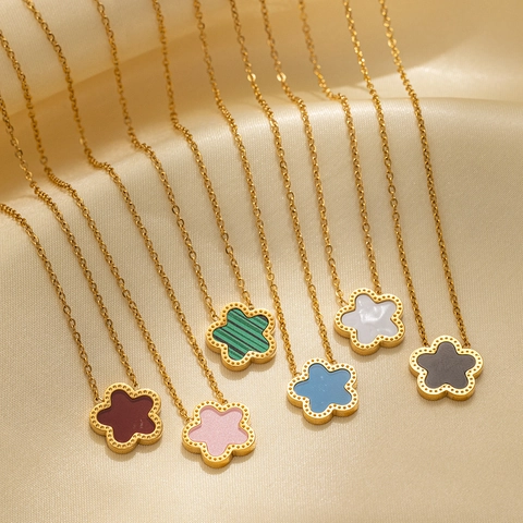Bloem Hanger Ketting Voor Vrouwen Titanium Roestvrij Staal Met Kunstparelmoer Schelp Strass Bloemblad Ontwerp Sieraden