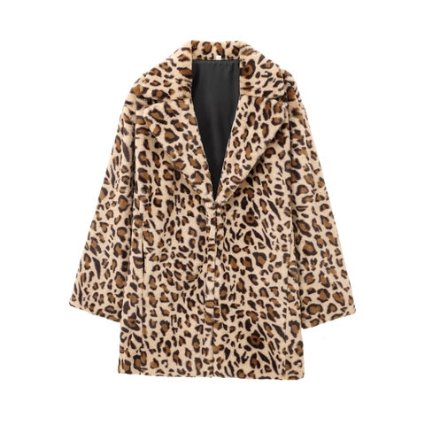 Dames Luipaardprint Faux Bontjas Losse Lange Mouwen Revers Jas Winter Warme Bovenkleding Streetwear