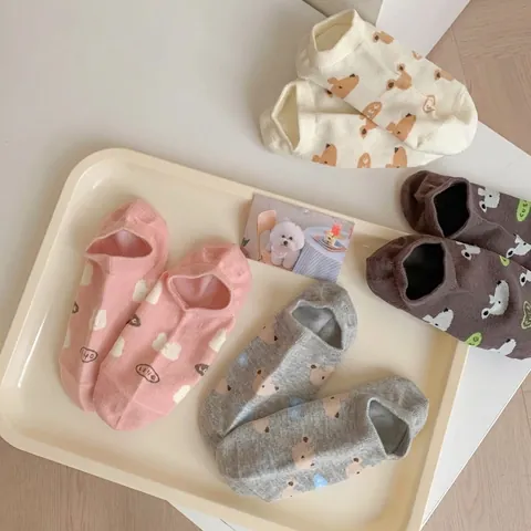 Calze Invisibili Donna Cotone Pettinato Traspirante Assorbimento Sudore Cartone Animato Coniglio Orso Carino Casual