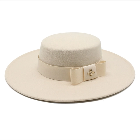 Boater Hat Flat Top Wide Brim Cotton Polyester Felt Ribbon Bow Gold Bee Ornament Vintage Elegant Fashion Women