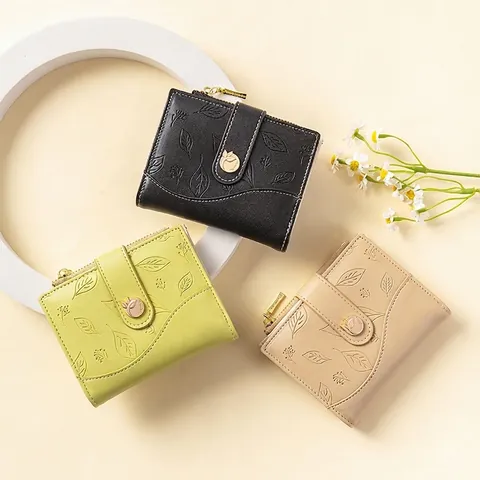 Cartera Corta Plegable Para Mujer De Cuero PU Con Relieve De Hojas Botón A Presión Bolsillo Para Monedas