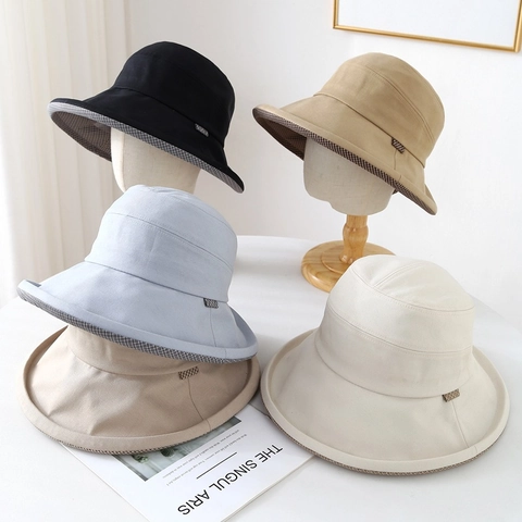 Women Bucket Hat Canvas Cotton Large Brim Sun Protection Plaid Lining Breathable Outdoor Travel Japanese Style