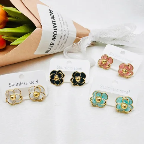 Camellia Flower Stud Earrings Stainless Steel Enamel Oil Drip French Vintage Light Luxury Floral Jewelry For Women Girls
