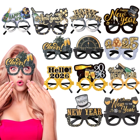 2026 Happy New Year Party Glasses Black Gold Glitter Cardstock Photo Props Cheers Fireworks Pattern For Festive Celebration