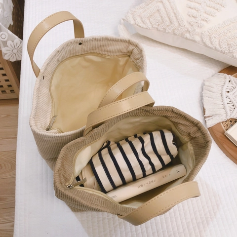 Borsa Tote In Velluto A Coste Da Donna Con Manico In Pelle PU Borsa A Mano Minimalista Vintage Chiusura Con Cerniera