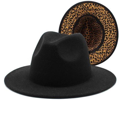 Vintage Fedora Hat Wide Brim Cotton Polyester Felt Jazz Cap With Stylish Leopard Print Lining For Women And Men