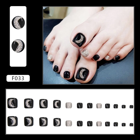 Uñas Postizas Para Pies De Color Negro Noche Estrellada Brillante Purpurina Plateada Patrón De Luna Creciente Uñas Para Mujeres
