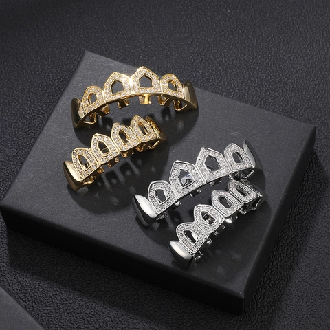 Hip Hop Teeth Grillz Brass Iced Out Cubic Zirconia Top And Bottom Bling Dental Grill Jewelry For Men Women
