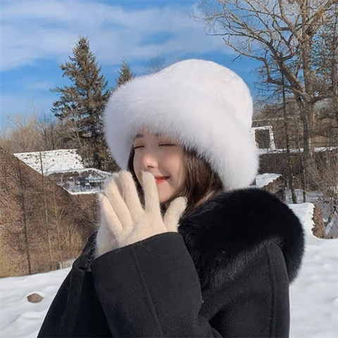 Chapeau Bob Femme Hiver Fausse Fourrure Chaud Épaissi Peluche Style Mongol Extérieur Protection Oreilles Coupe Vent Uni