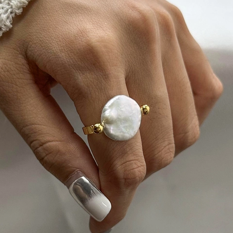 18K Vergoldet Edelstahl Süßwasserperle Offener Ring Gehämmerte Textur Wasserdicht Hypoallergen Schmuck Für Damen Geschenk