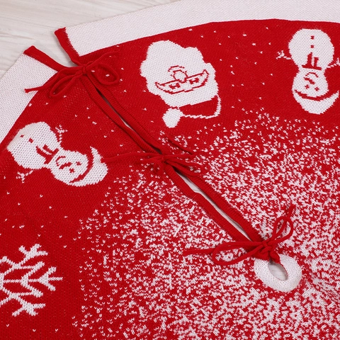 Christmas Tree Skirt Knitted Red White Reindeer Snowman Santa Print Round Tree Base Mat Holiday Decor