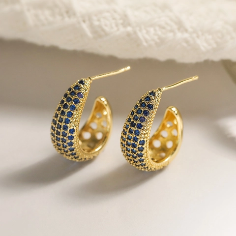 Geometric C Shape Stud Earrings For Women Copper Gold Plated With Colorful Cubic Zirconia Pave Retro Luxury Jewelry Accessory
