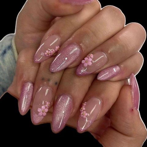 Long Almond Press On Nails Sweet Pink Cat Eye Glitter 3D Flower French Style Glossy ABS Artificial Fake Nails