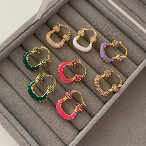 Orecchini a Cerchio in Rame a Forma di U Vintage Lussuosi Smalto Colorato Intarsiato Strass Gioielli di Moda Geometrici Donna