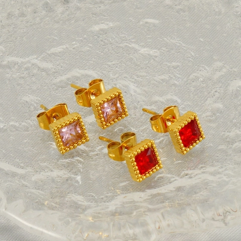 Vierkante Oorknopjes 18K Verguld Roestvrij Staal Zirkoon Parelrands Geometric Elegant Mode Dames Sieraden