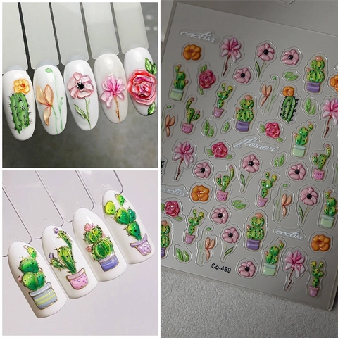 Autocollants Ongles 5D Relief Cactus Succulente Plante Fleurs Imperméable Autocollant DIY Manucure Décalcomanies