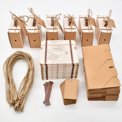 Mini Suitcase Gift Box Vintage Kraft Paper Candy Box With Jute Rope And Tag For Wedding Party Favor Travel Theme