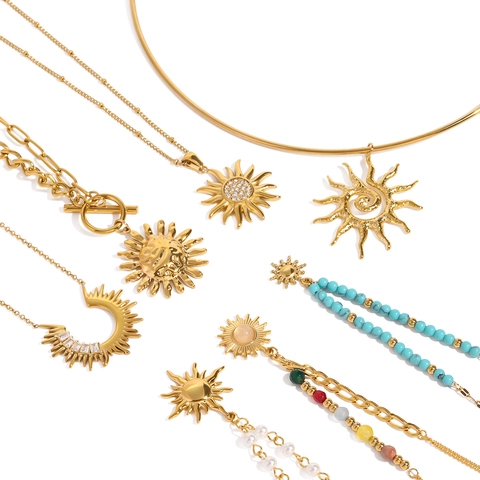 Sun Pendant Necklace Stainless Steel 18K Gold Plated Turquoise Beaded Faux Artificial Pearl Vintage Bohemian Waterproof Jewelry