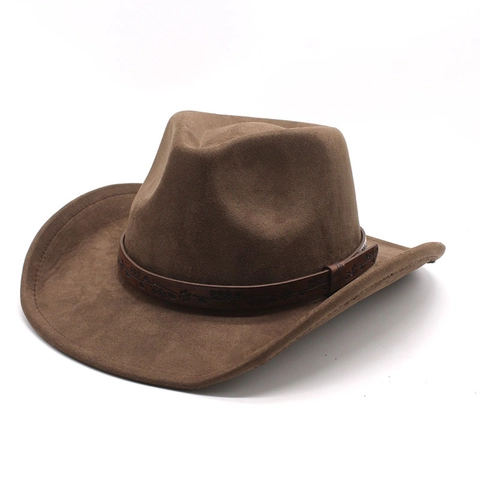 Western Cowboy Hat Faux Suede Wide Brim Vintage Ethnic Style Fedora With Embossed Leather Band For Men Women Outdoor