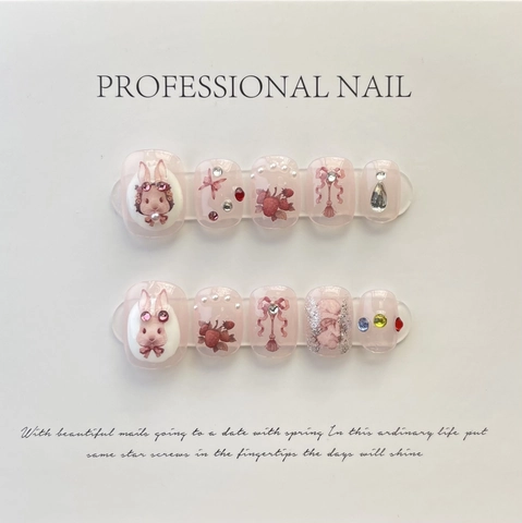 Unghie Finte Press On Coniglio Fragola Künstliche Perle 3D Strass Dolce Kawaii Rosa Unghie Riutilizzabili Per Ragazze