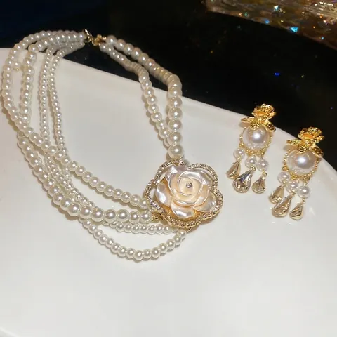 Multi Layer Artificial Pearl Necklace And Flower Drop Earrings With 925 Sterling Silver Earring Post French Vintage Elegant Women