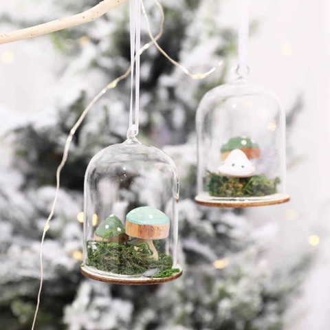 Christmas Glass Ball Ornaments LED Light Up Hanging Miniature Landscape Glass Dome Wood Base Xmas Tree Decor