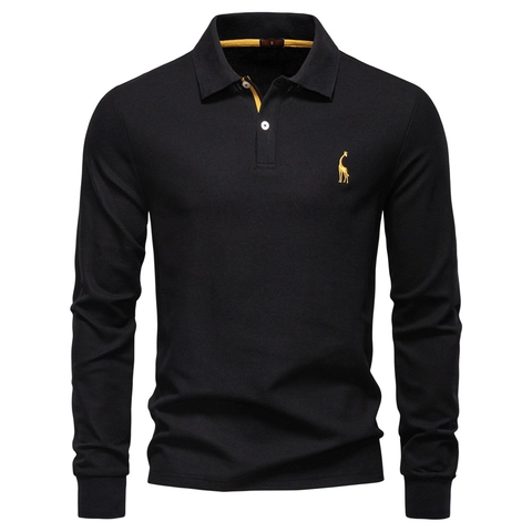 Polo Da Uomo A Maniche Lunghe Misto Cotone Tessuto Piqué Ricamo Giraffa Casual Business Colletto Tops Tinta Unita