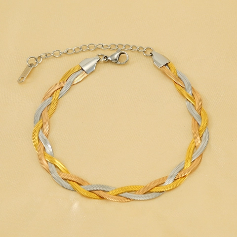 Braided Herringbone Chain Necklace And Bracelet Tricolor Stainless Steel 18K Gold Plated Fashion Jewelry For Women