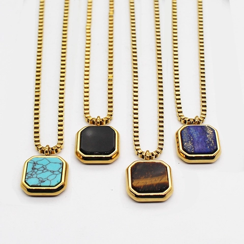 Square Geometric Pendant Necklace Stainless Steel Titanium Venetian Chain Lapis Lazuli Tiger Eye Stone Women Elegant Jewelry