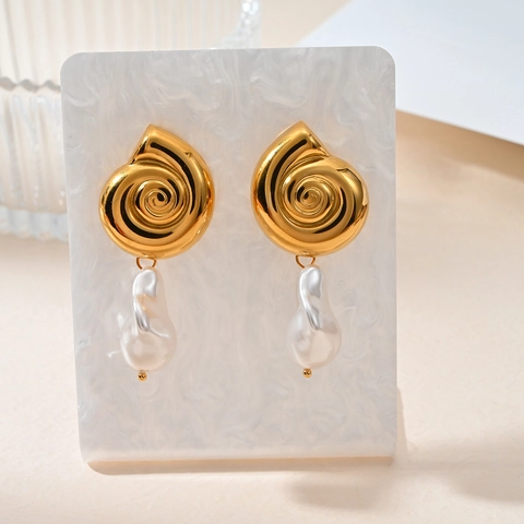 Freshwater Pearl Drop Earrings 18K Gold Plated Stainless Steel Conch Shell Design With 925 Sterling Silver Earring Post