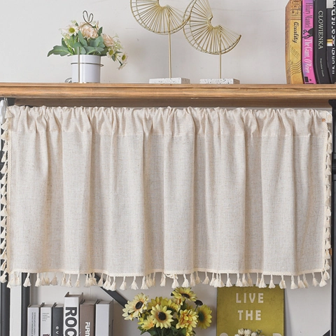 Nordic Minimalist Polyester Cotton Blend Short Curtain With Tassels Floral Pattern Cafe Kitchen Cabinet Valance Semi-shading Decor