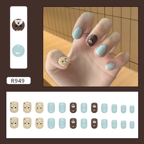 Uñas Postizas De Oso De Dibujos Animados Cortas Cuadradas Redondas Plástico ABS Puntos Polka Brillantes Removibles