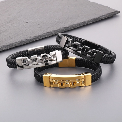 Herren Armband Geflochtenes Leder Mit Edelstahl Verschluss Hip Hop Punk Schmuck Für Den Alltag