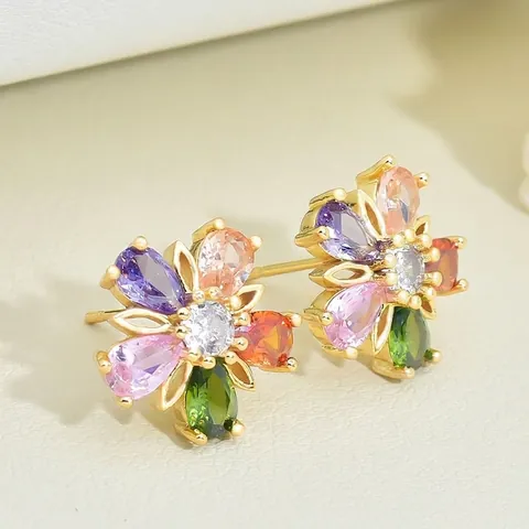 Gioielli Collana Orecchini Anello Fiore Zirconia Colorata Placcato Oro Acciaio Titanio Rame Stile Etnico Vintage Per Donna