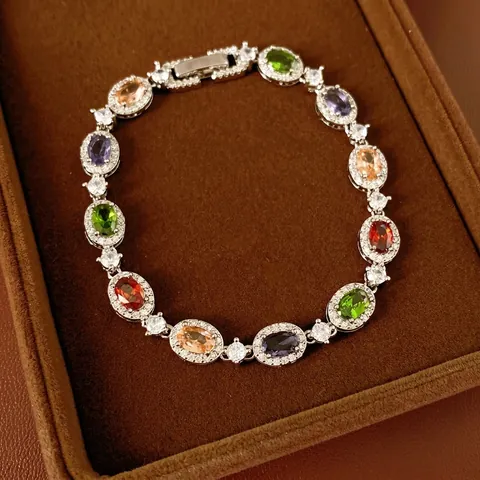 Buntes Zirkon Oval Armband Kupfer Mit Silberton Halo Einstellung Elegante Palast Stil Luxus Schmuck Für Frauen