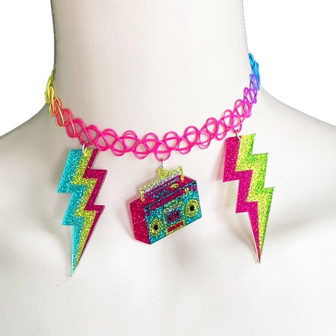 Collar Choker Disco Retro Material Plástico Elástico Degradado Arcoíris Con Colgantes De Radio Cassette Rayo De Purpurina Acrílica