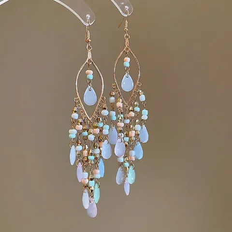 Böhmische Lange Quasten-Ohrhänger Mit Acrylperlen Und 925 Sterling Silver Earring Post Vintage Ethno-Stil Damen Mode
